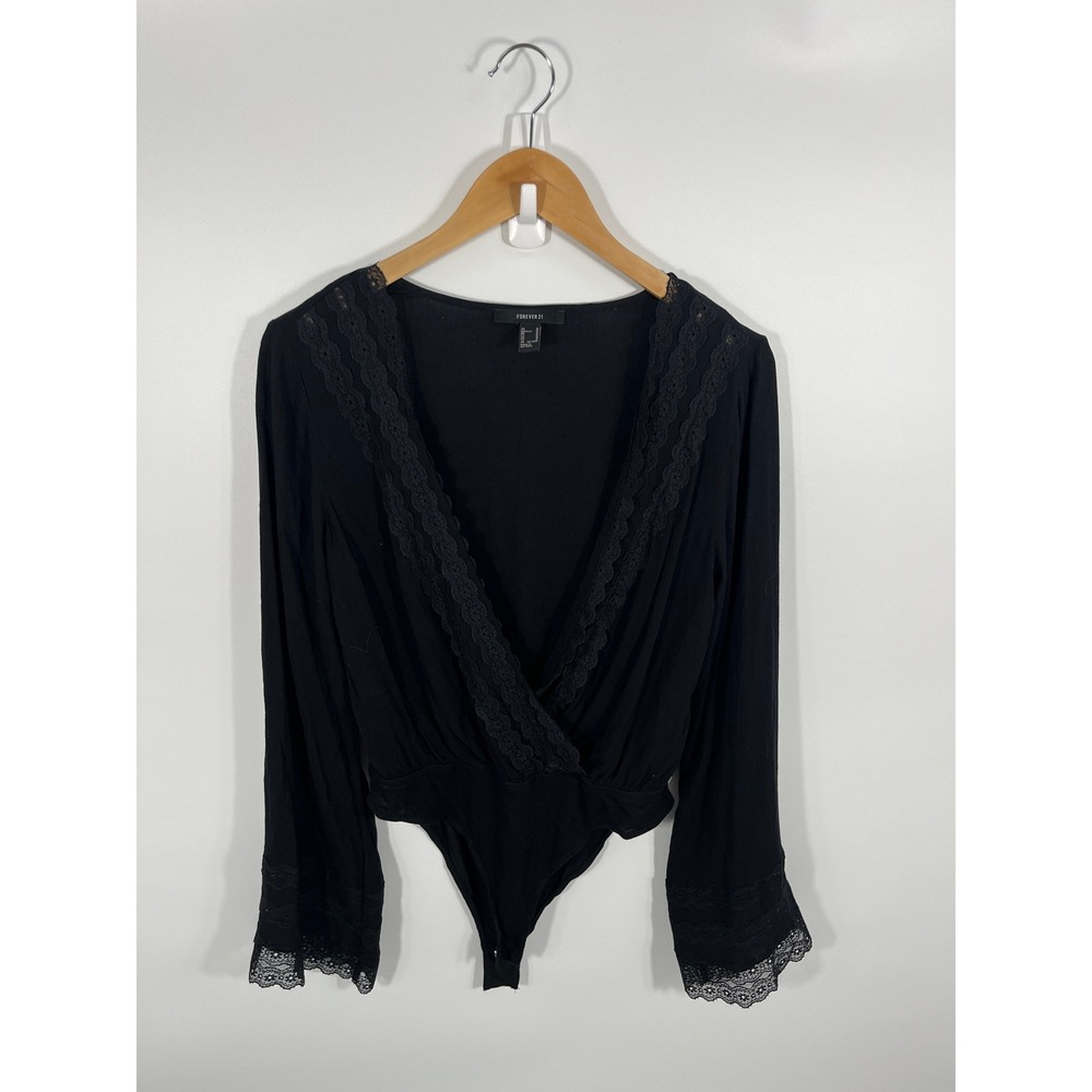 Womens V Neck Bodysuit M Black Lace Whimsigoth Dark Fairy Grunge Flowy Festival